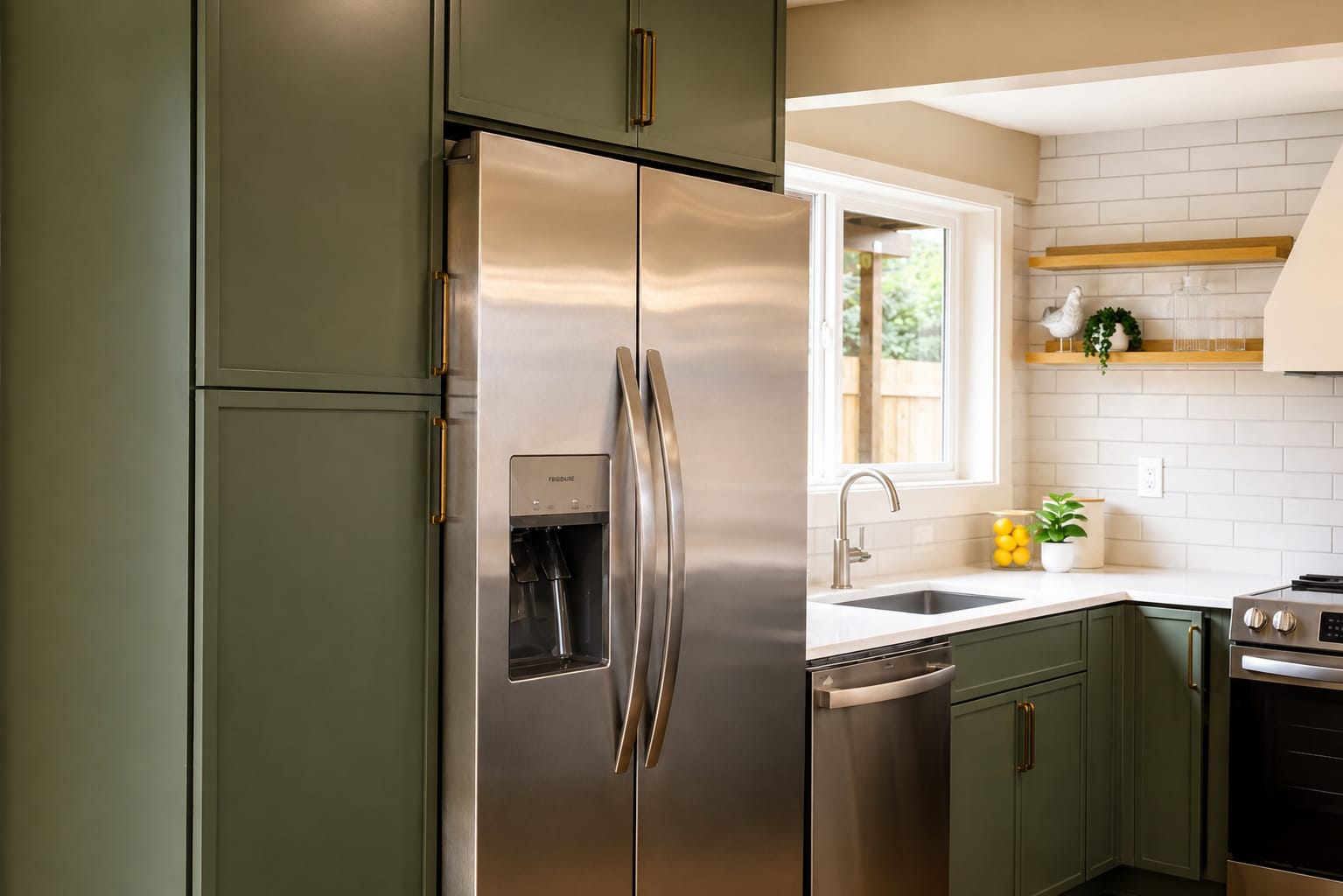 Green shaker kitchen with brass hardware, Tacoma. One design, every material chosen to match
