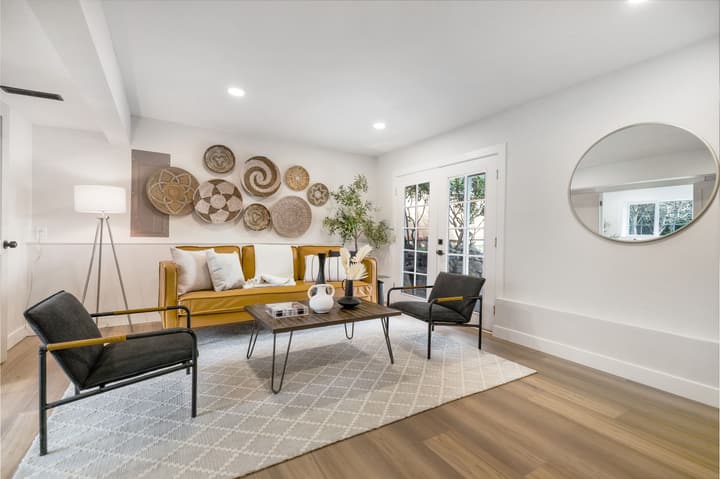 Living room with slat-wall feature