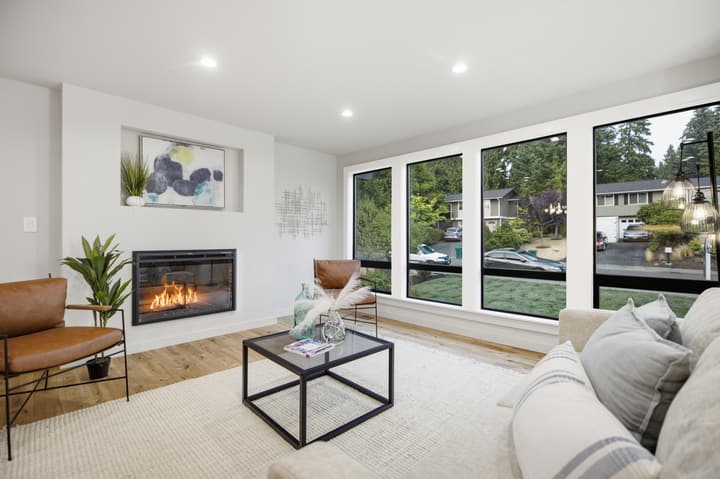 Living room with black-framed windows