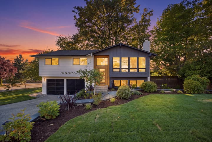 Split-level exterior at twilight