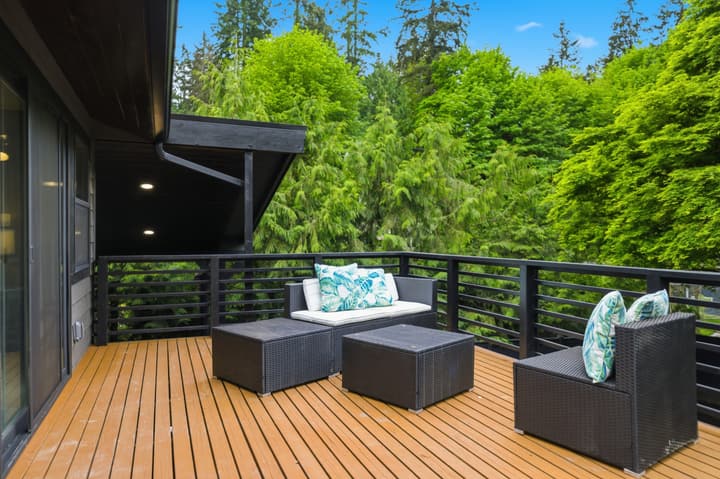 Large cedar deck with outdoor seating