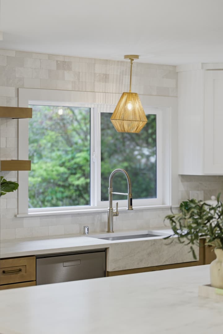 Kitchen window with wood open shelving