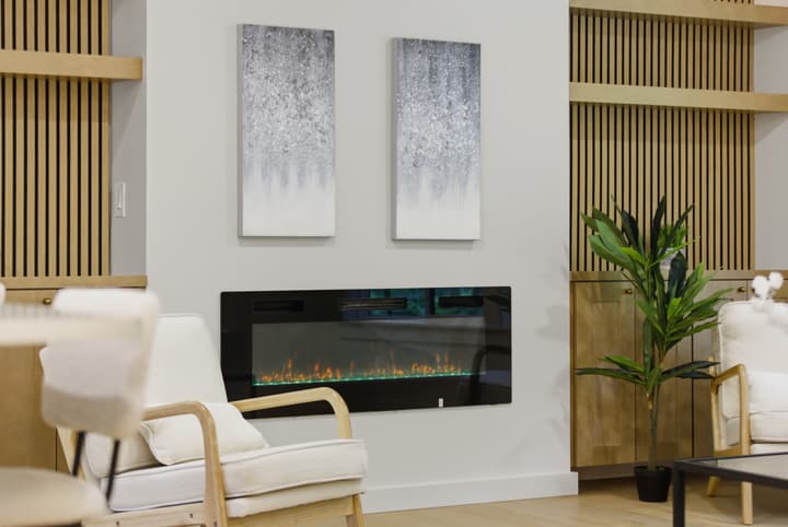 Slat-wall fireplace feature with built-ins