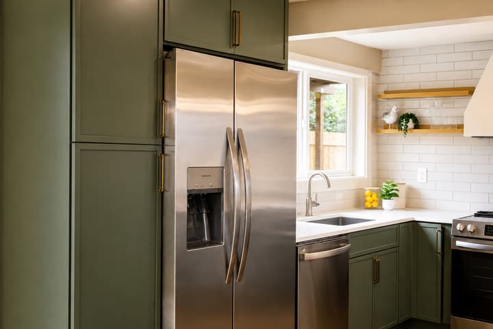 Kitchen with open shelving, white counters and a hood vent