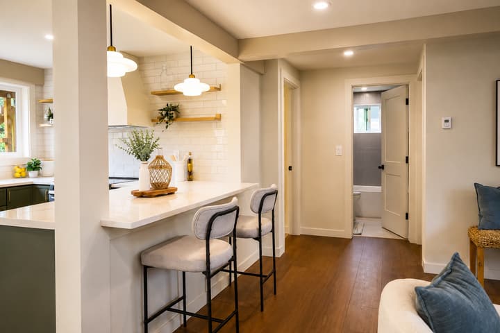 Kitchen with peninsula seating and brass pendants