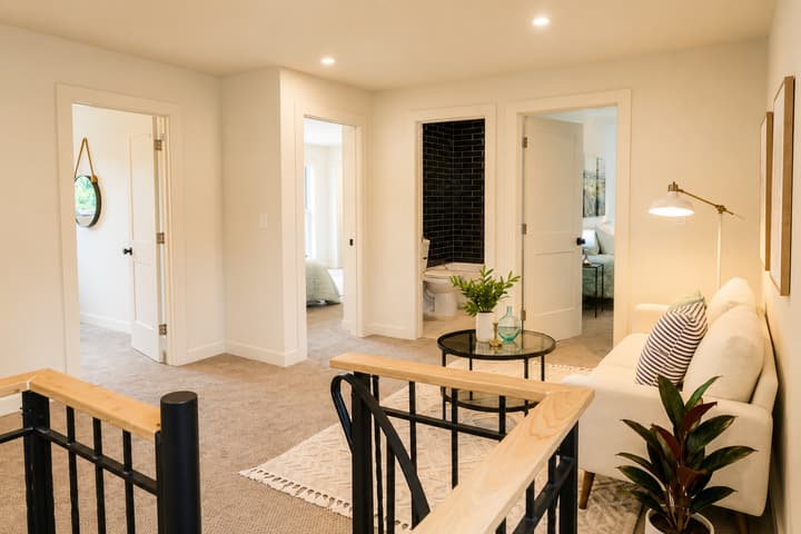 Living room with spiral staircase