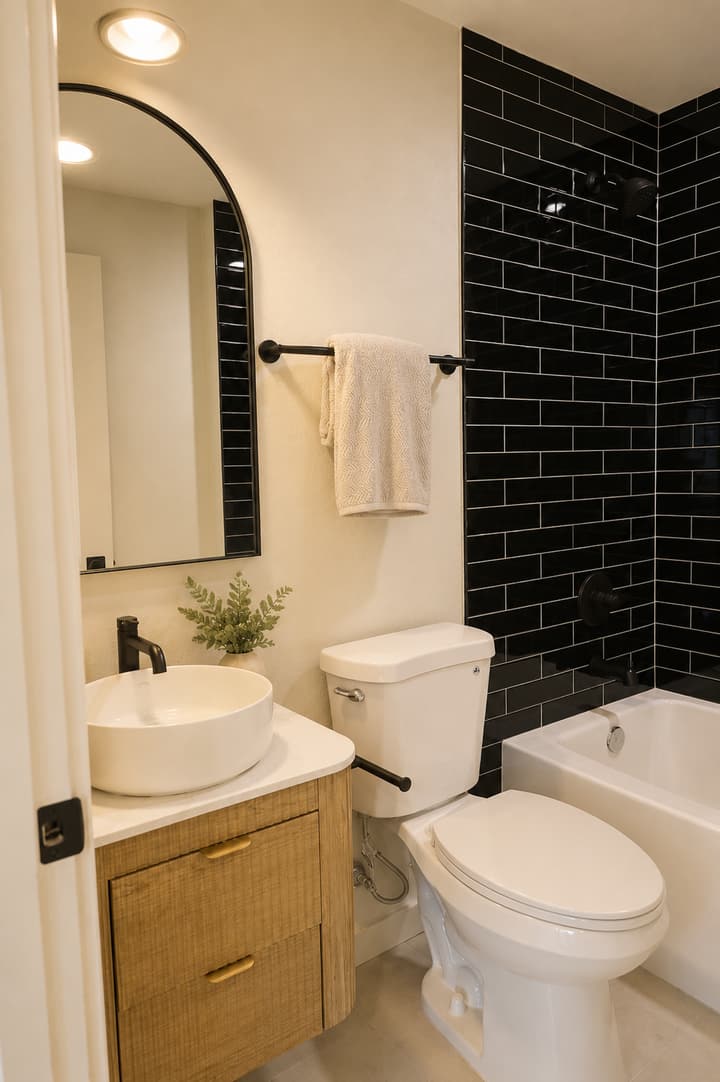 Bathroom with black subway tile and white fixtures
