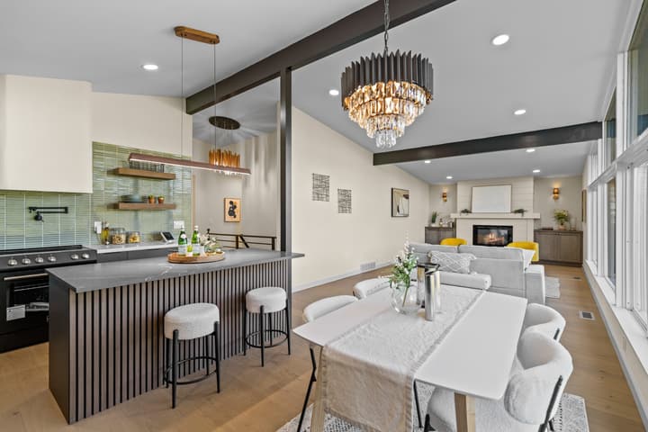 Walnut and black kitchen under vaulted ceilings