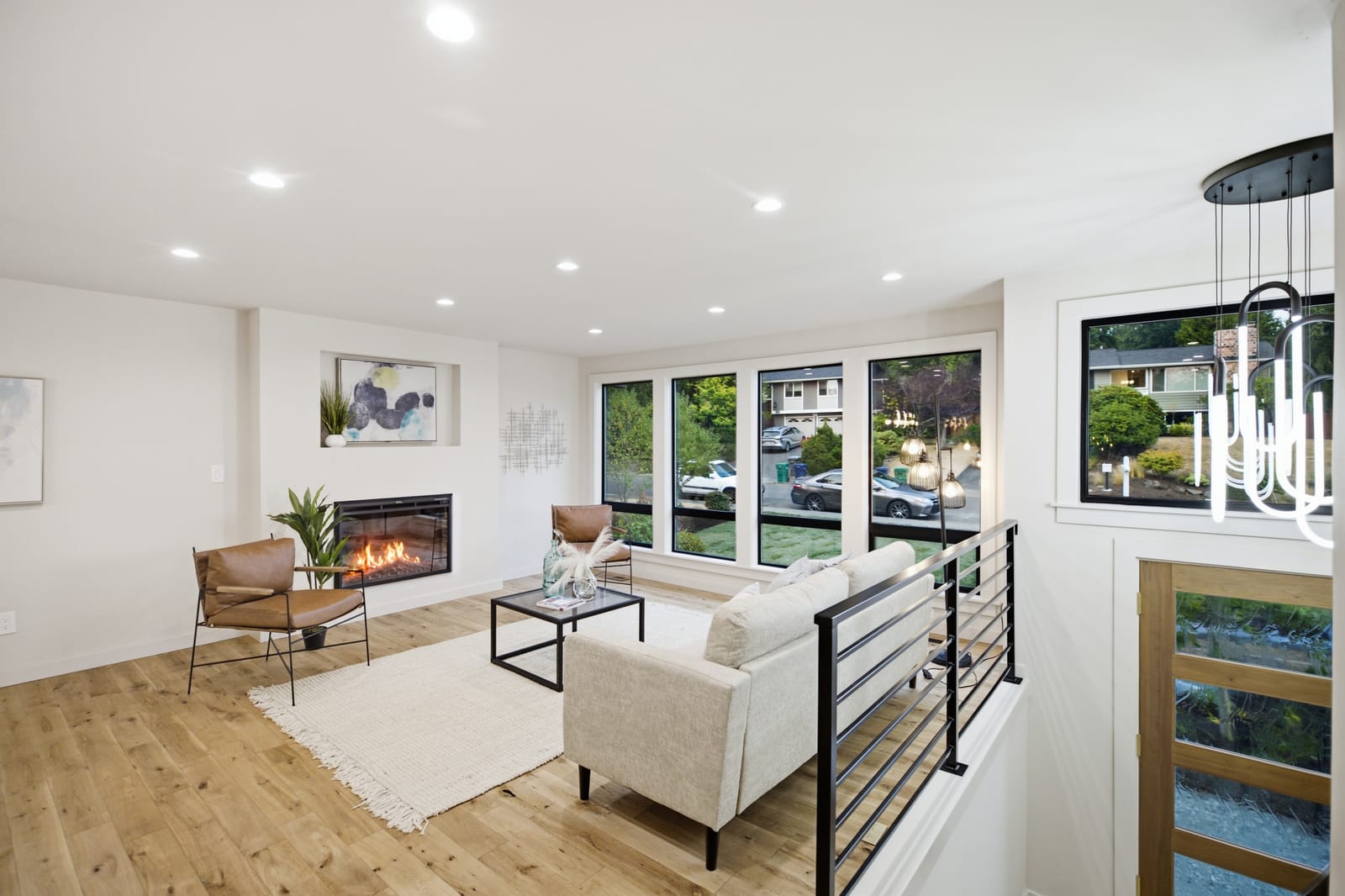 Open living room with linear fireplace, Kirkland